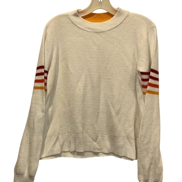 Faherty white waffle knit warm rainbow reds orages stripes trim sweater M - Picture 1 of 4